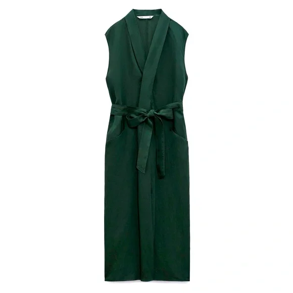 Zara Belted Midi Dress Bottle Green Size Large - Picture 6 of 13